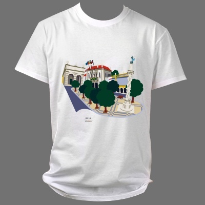 T-shirt branca com estampa colorida de edifício histórico, árvores e estátua com texto BEJA CITY HALL