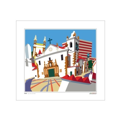 Ilustração estilizada de uma igreja com céu azul e formas geométricas coloridas