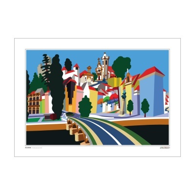 Poster com ilustração digital de paisagem urbana multicolorida e texto na parte inferior