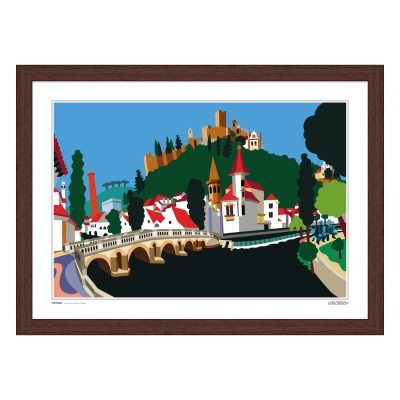 Ilustração de vila com castelo, ponte de pedra e casas com telhados vermelhos