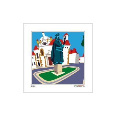 Ilustração de estátua azul em rotunda em Faro com edifícios ao fundo