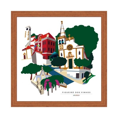 Ilustração urbana colorida de Figueiró dos Vinhos com moldura em madeira