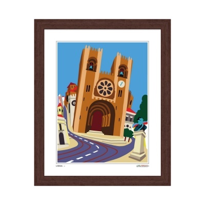 Quadro com arte gráfica da Sé de Lisboa em moldura castanha