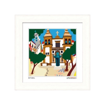 Ilustração colorida de edifícios e árvores de Setúbal em moldura branca