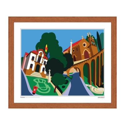 Quadro com ilustração colorida de edifícios e árvores com moldura de madeira castanha