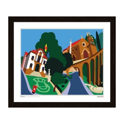 Gravura colorida de paisagem urbana com edifícios históricos e árvores em moldura preta