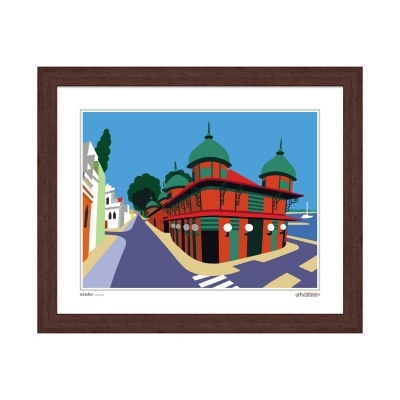 Ilustração colorida de edifício com domos verdes e moldura de madeira escura