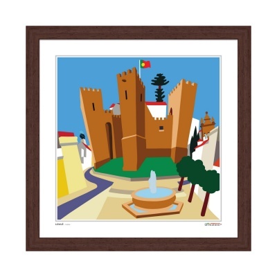 Ilustração colorida de castelo português com fonte e árvores, em moldura castanha