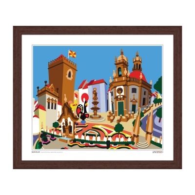 Quadro colorido de arquitetura tradicional com torre, cúpulas vermelhas e escultura de galinha