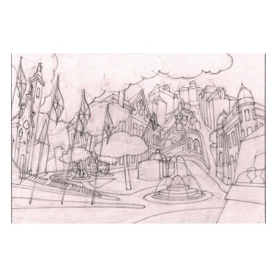 Desenho a lápis de um cenário urbano com edifícios, árvores e fonte.