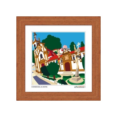 Ilustração colorida da cidade de Condeixa-a-Nova em quadro de madeira