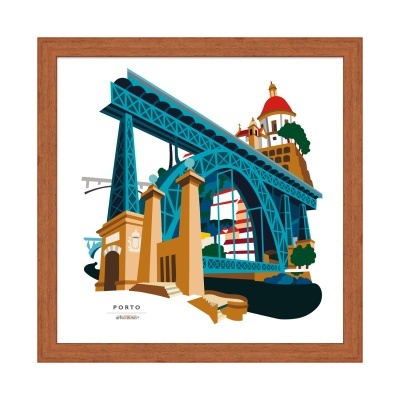 Ilustração colorida da Ponte Dom Luís I no Porto emoldurada
