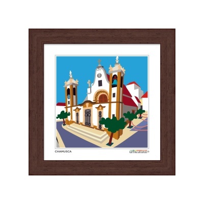 Ilustração digital colorida de igreja com duas torres e árvores, em moldura castanha.