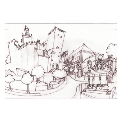 Desenho a lápis de muralhas, torres, árvores e fonte ornamental num cenário urbano