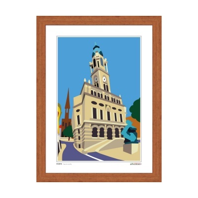 Quadro com ilustração de edifício com torre de relógio e escultura azul
