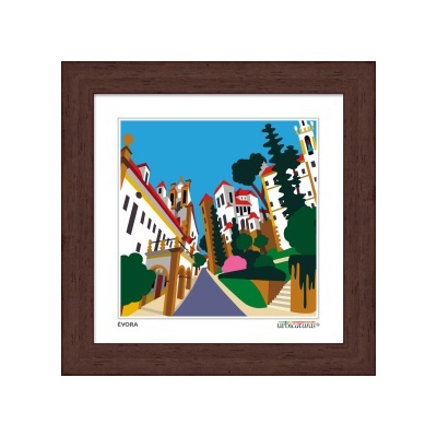 Quadro colorido com moldura castanha mostrando edifícios e árvores sob céu azul.