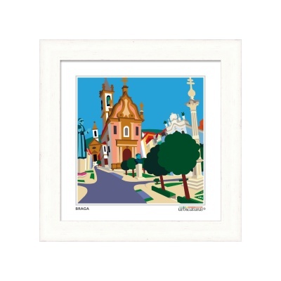 Quadro artístico colorido da cidade de Braga com igreja e árvores