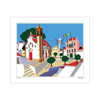 Ilustração de uma praça com igreja, estátua e edifícios coloridos