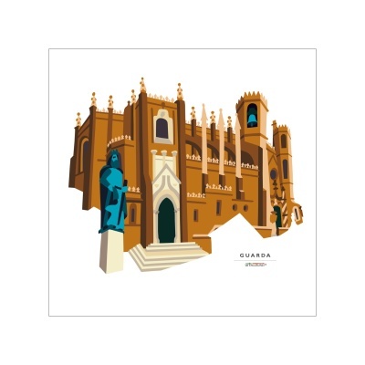 Ilustração arquitetónica castanha com estátua azul e texto GUARDA