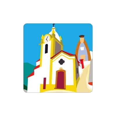 Ilustração de igreja com torre de relógio amarela e porta vermelha, fundo azul.