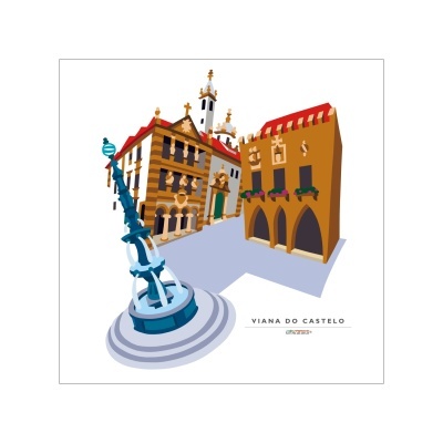 Ilustração da praça em Viana do Castelo com estátua azul e edifícios coloridos