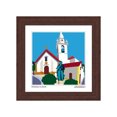 Quadro com ilustração de igreja e estátua em moldura castanha