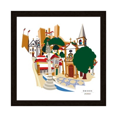 Ilustração artística colorida de Óbidos com edifícios históricos e árvores, emoldurada a preto.