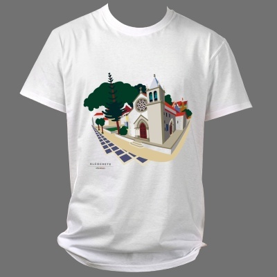 T-shirt branca com imagem de igreja e árvores de Alcochete