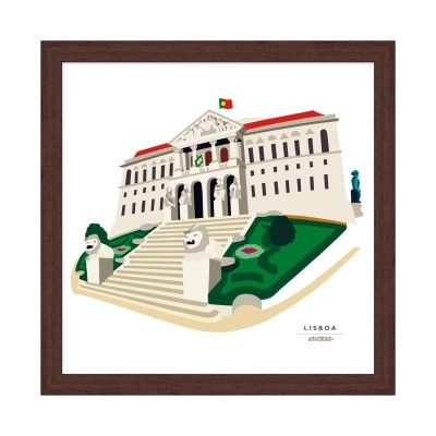 Ilustração do Palácio de Justiça de Lisboa em quadro com moldura castanha