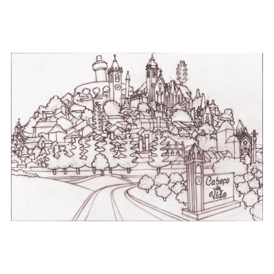 Desenho a preto e branco de uma vila antiga com árvores e um caminho