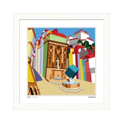 Ilustração digital colorida de uma praça com fonte e edifícios coloridos