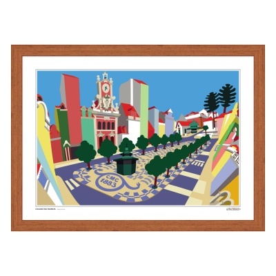 Ilustração gráfica de uma praça colorida com calçada geométrica e árvores em linha.