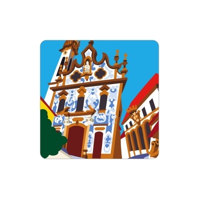 Ilustração de edifício histórico com decoração azul e branca e torre ao fundo