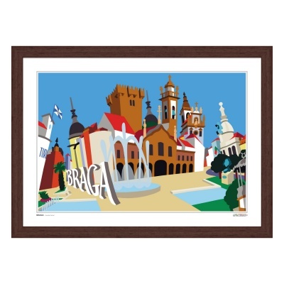 Ilustração colorida da cidade de Braga com texto 'BRAGA'