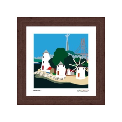 Quadro com ilustração de moinhos e paisagem com ponte e árvores