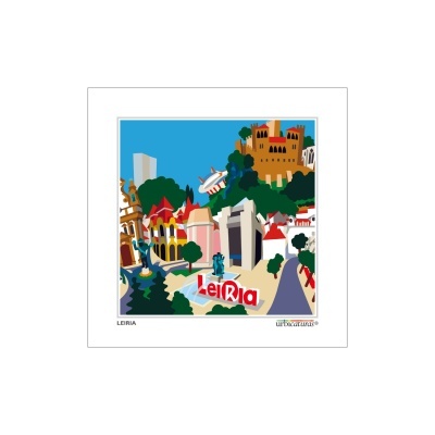 Ilustração colorida dos pontos turísticos da cidade de Leiria com texto LEIRIA.