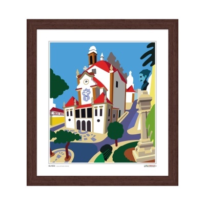 Ilustração digital colorida de edifício histórico com telhado vermelho e estátua