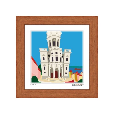 Imagem estilizada de edifício branco em moldura de madeira