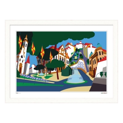 Ilustração digital de paisagem urbana colorida com edifícios, árvores e fonte, em moldura branca.