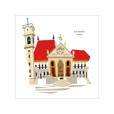 Ilustração de edifício clássico em Coimbra com torre de relógio e telhado vermelho.