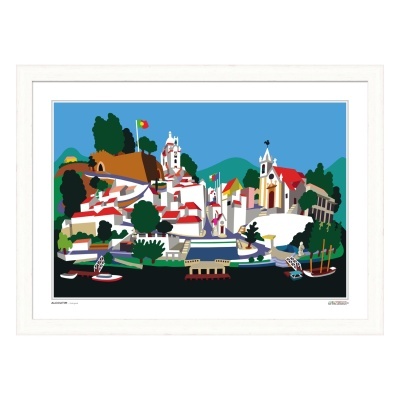 Ilustração colorida de cidade com casas brancas e telhados vermelhos, igreja e barcos no rio