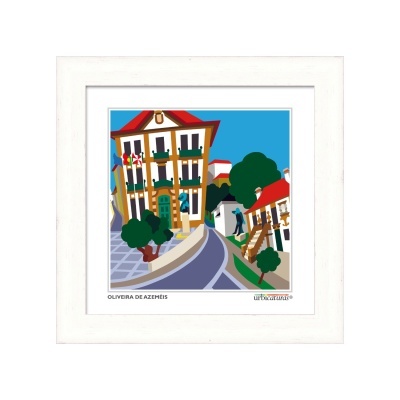 Ilustração colorida de rua com edifícios, árvores e estrada em moldura branca