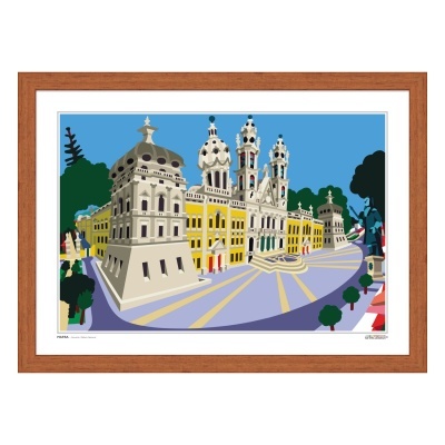 Ilustração colorida de edifícios históricos com moldura de madeira