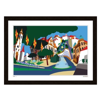 Paisagem urbana colorida estilizada em moldura preta