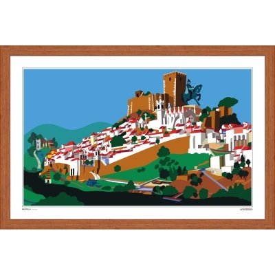 Ilustração colorida de vila histórica com castelo e casas vermelhas.