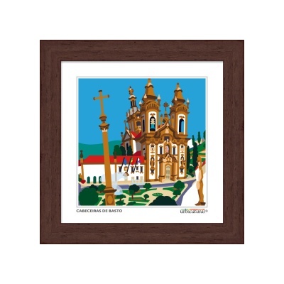 Quadro ilustrativo da igreja de Cabeceiras de Basto com moldura de madeira castanha