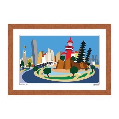 Ilustração colorida de farol e edifícios em moldura de madeira