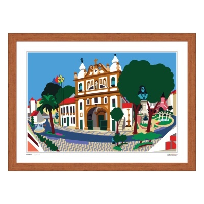 Ilustração colorida de praça histórica com edifício, árvores e fontes