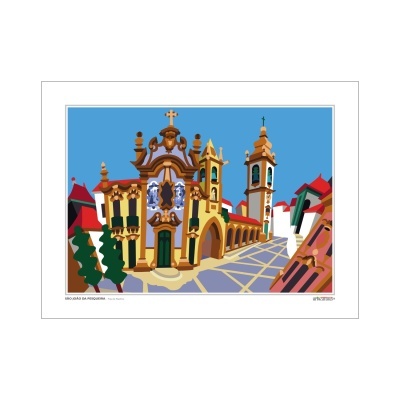 Ilustração colorida de edifícios portugueses históricos com céu azul