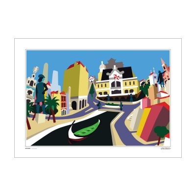 Ilustração colorida de cidade com edifícios e rio com barco